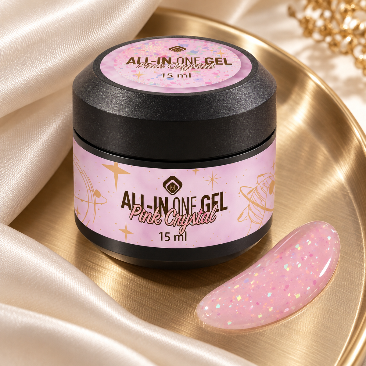 Gouden flatlay — All in One Gel Pink Crystal