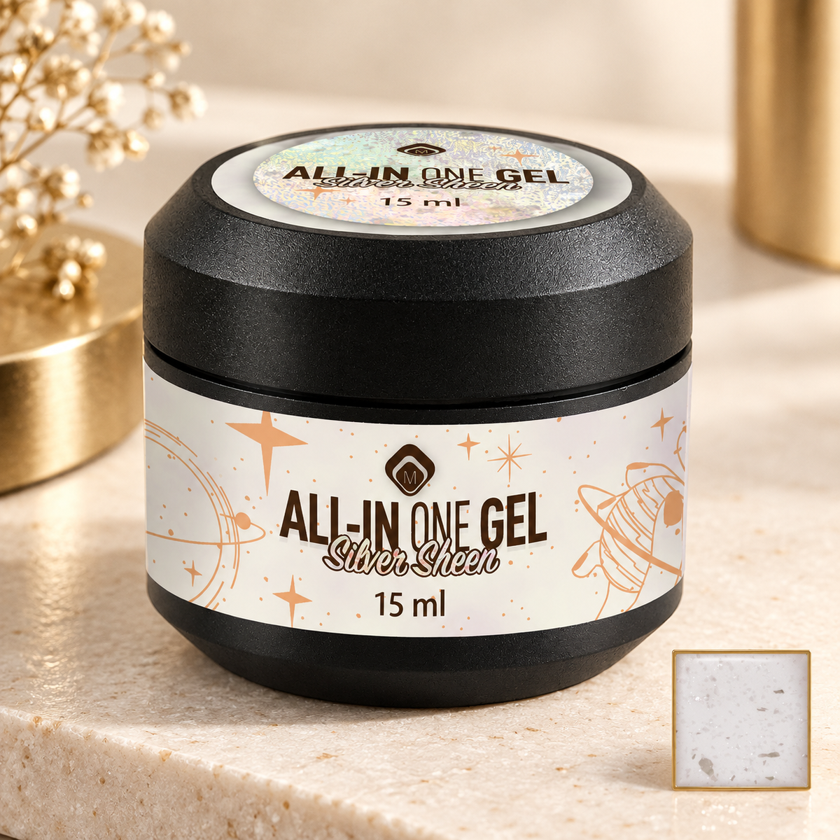 Productfoto met kleurstaal — All in One Gel Silver Sheen
