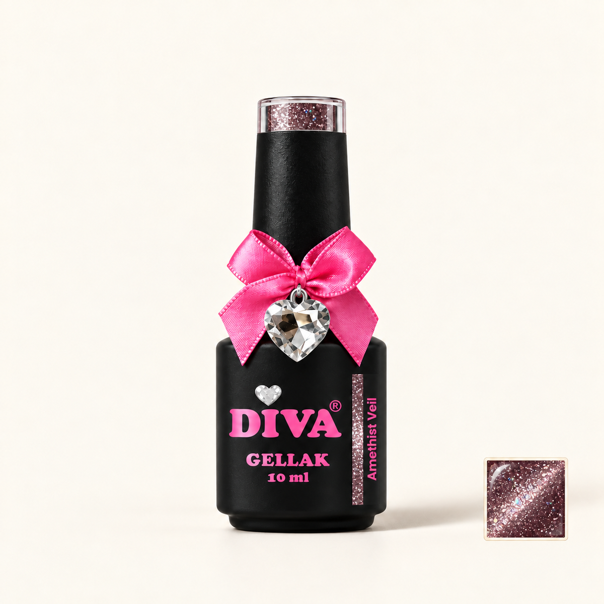 Productfoto met kleurstaaltje — DIVA Gellak Cat Eye Amethist Veil 10 ml
