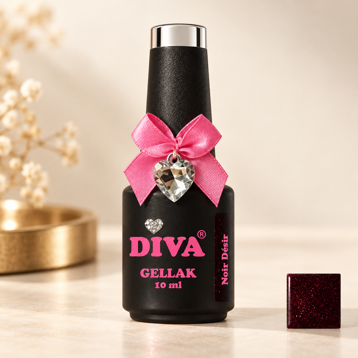Productfoto met kleurstaal — DIVA Gellak Noir Désir 10 ml