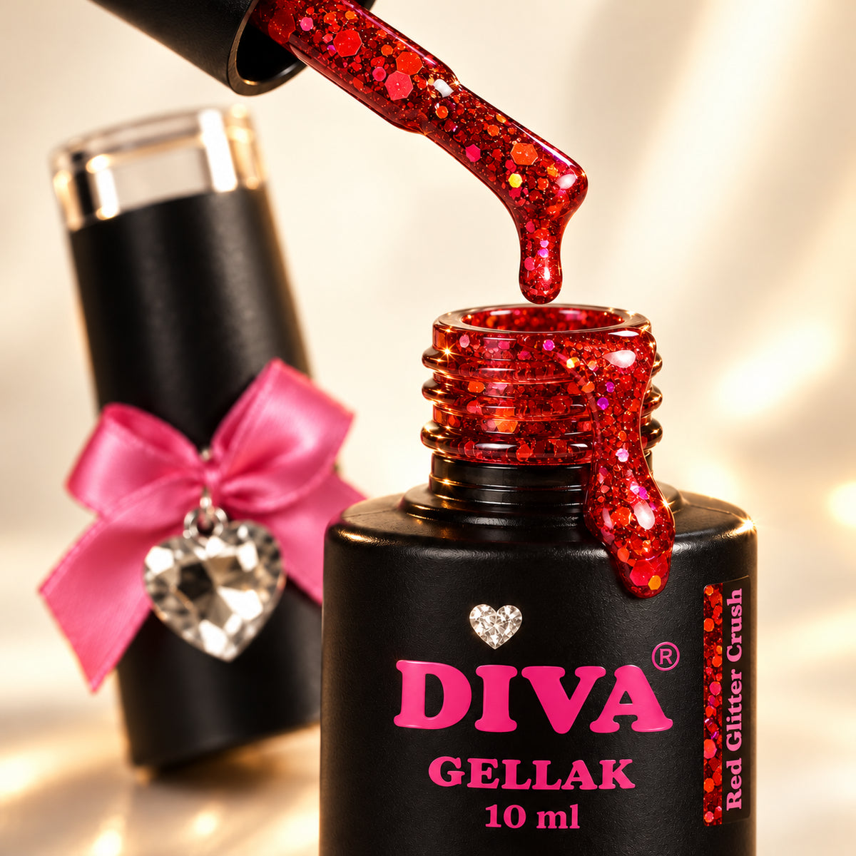 Druppel- en textuurdetail — DIVA Gellak Red Glitter Crush 10 ml