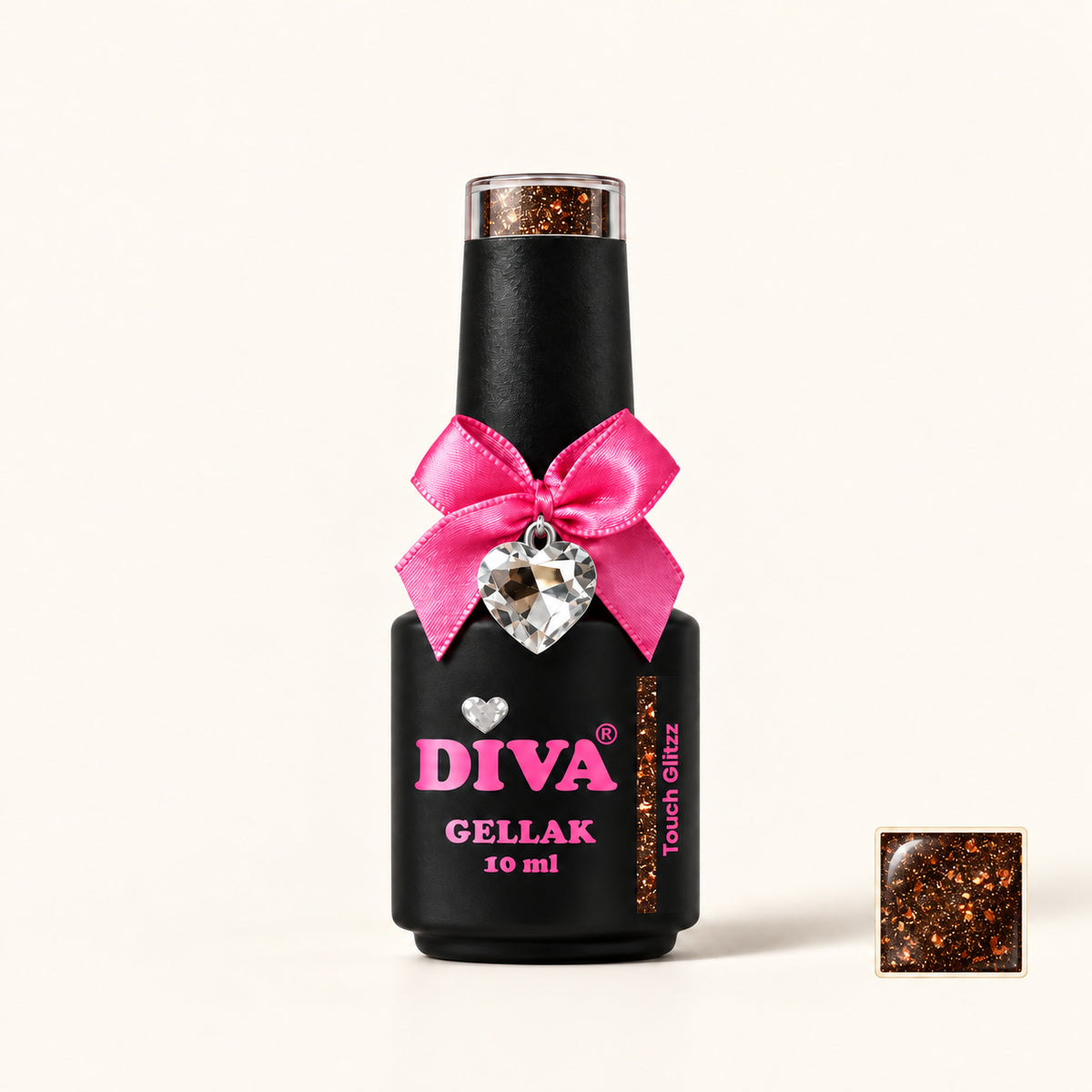Productfoto met kleurstaaltje — DIVA Gellak Touch Glitzz 10 ml #