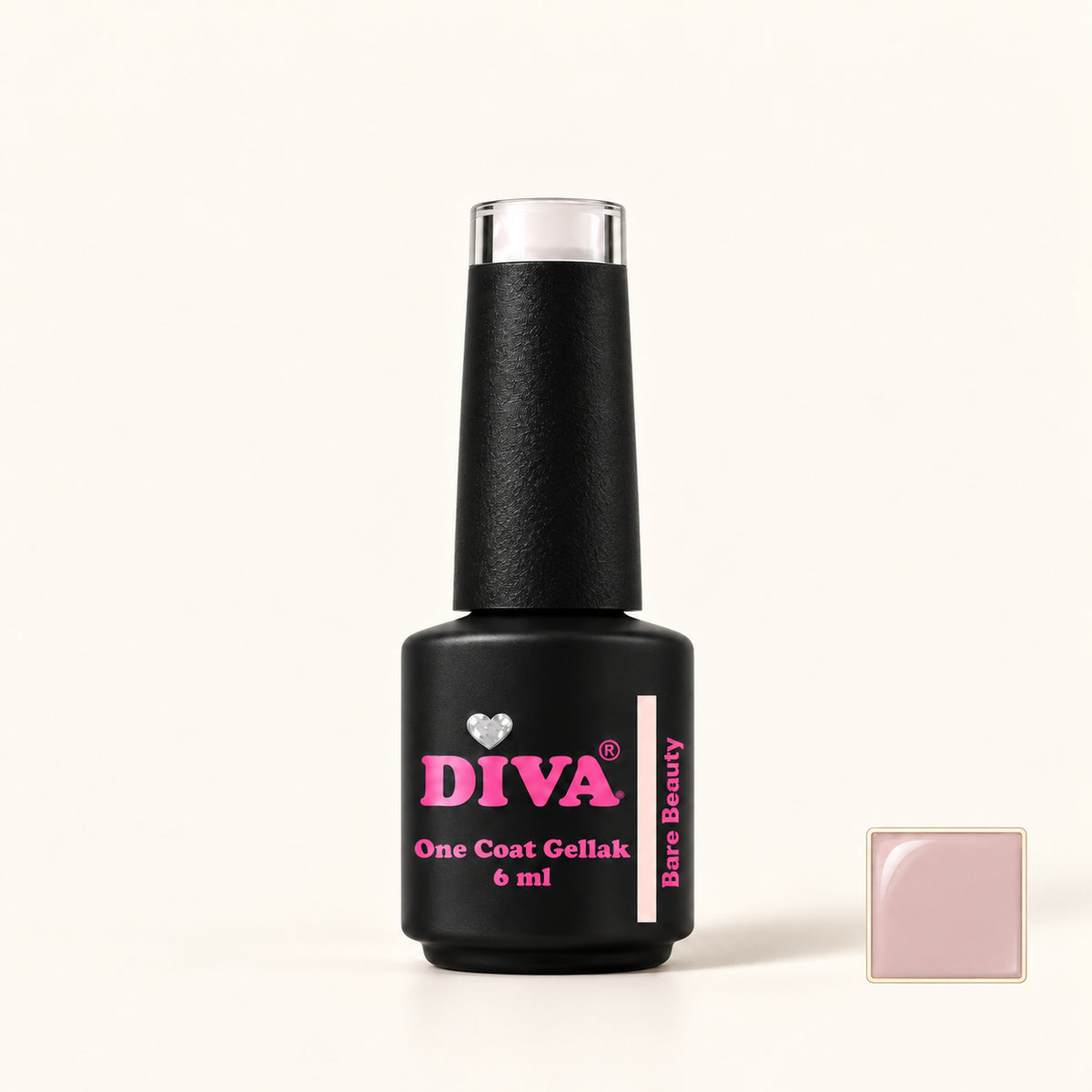 Productfoto met kleurstaaltje — DIVA One Coat Gellak Bare Beauty 6 ml