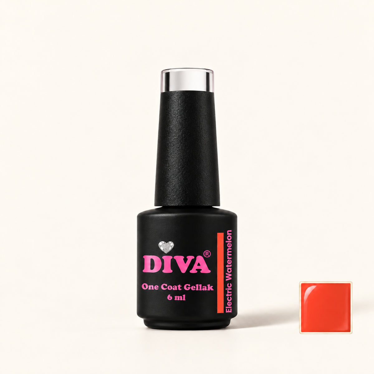 Productfoto met kleurstaaltje — DIVA One Coat Gellak Electric Watermelon 6 ml
