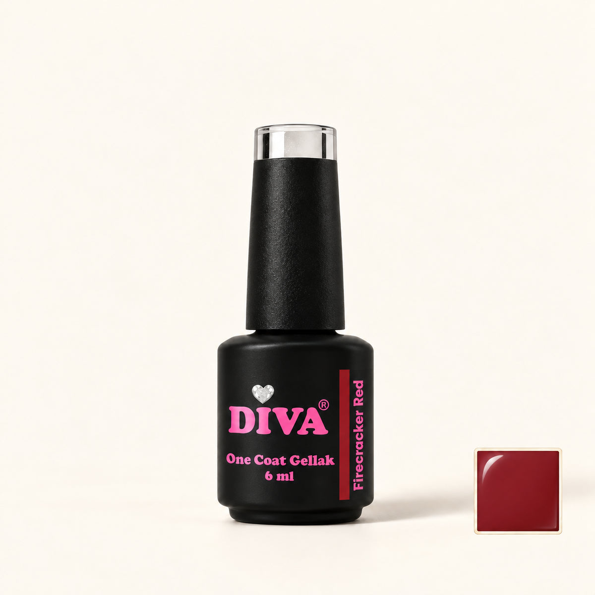 Productfoto met kleurstaaltje — DIVA One Coat Gellak Firecracker Red 6 ml