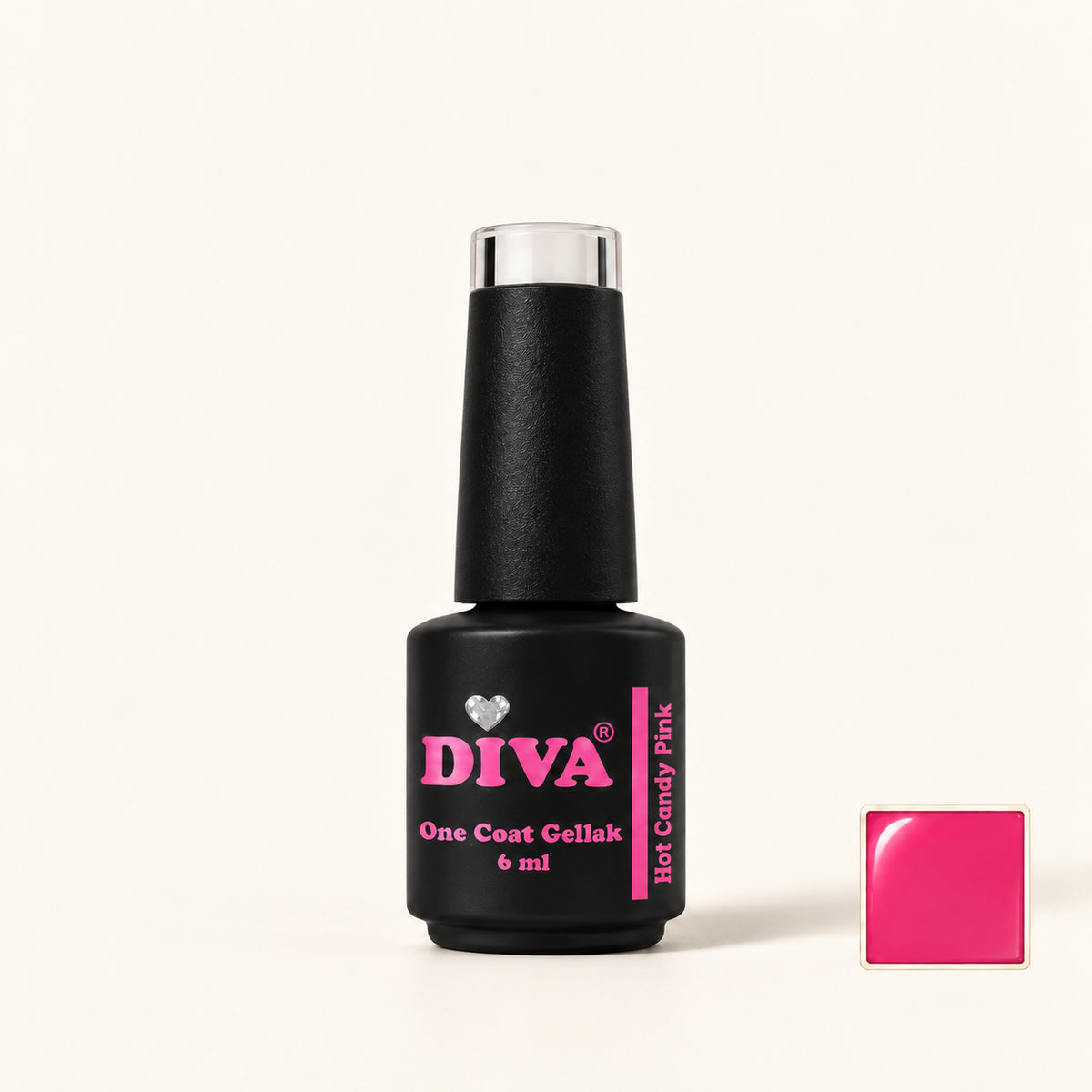 Productfoto met kleurstaaltje — DIVA One Coat Gellak Hot Candy Pink 6 ml