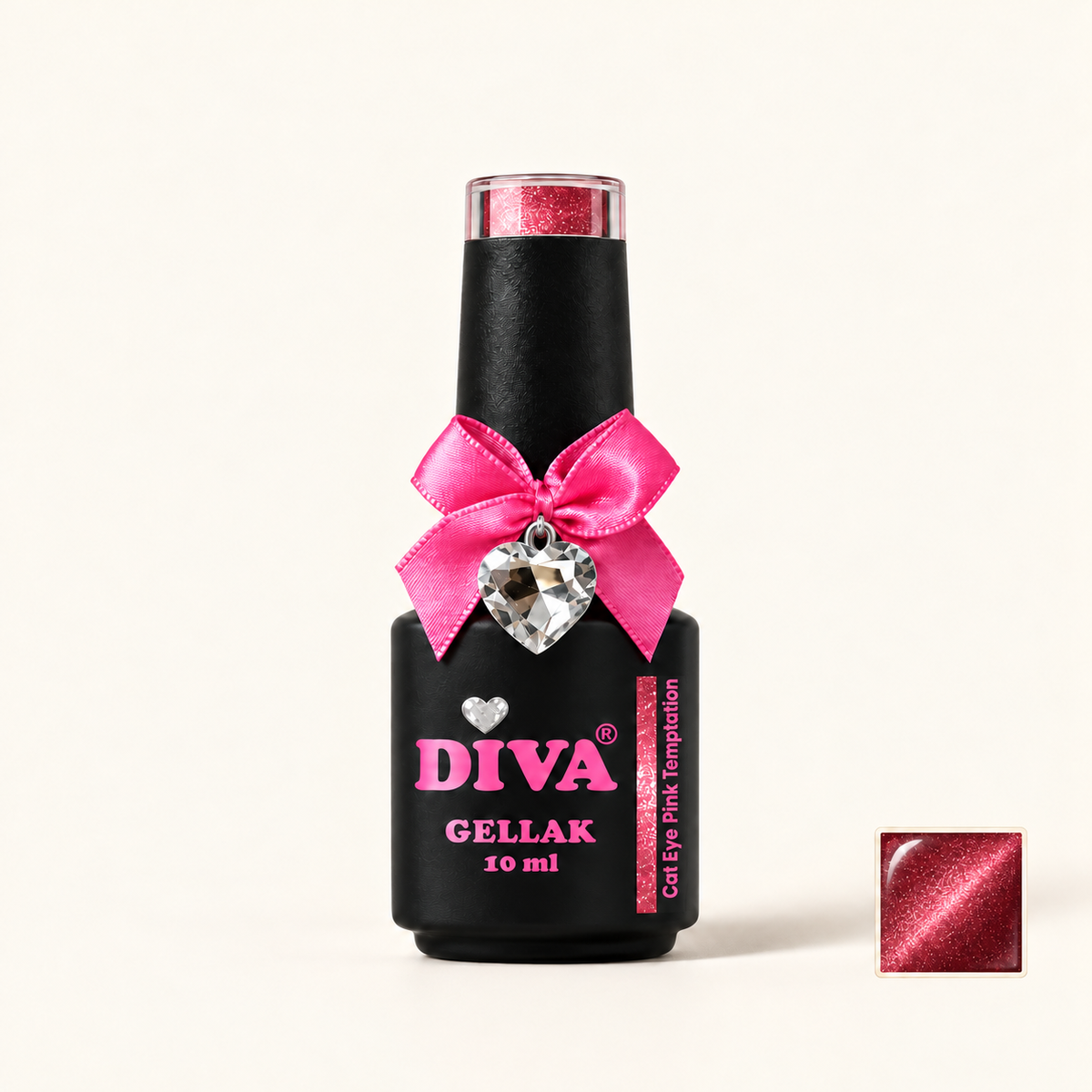 Productfoto met kleurstaaltje — DIVA Gellak Cat Eye Pink Temptation 10 ml