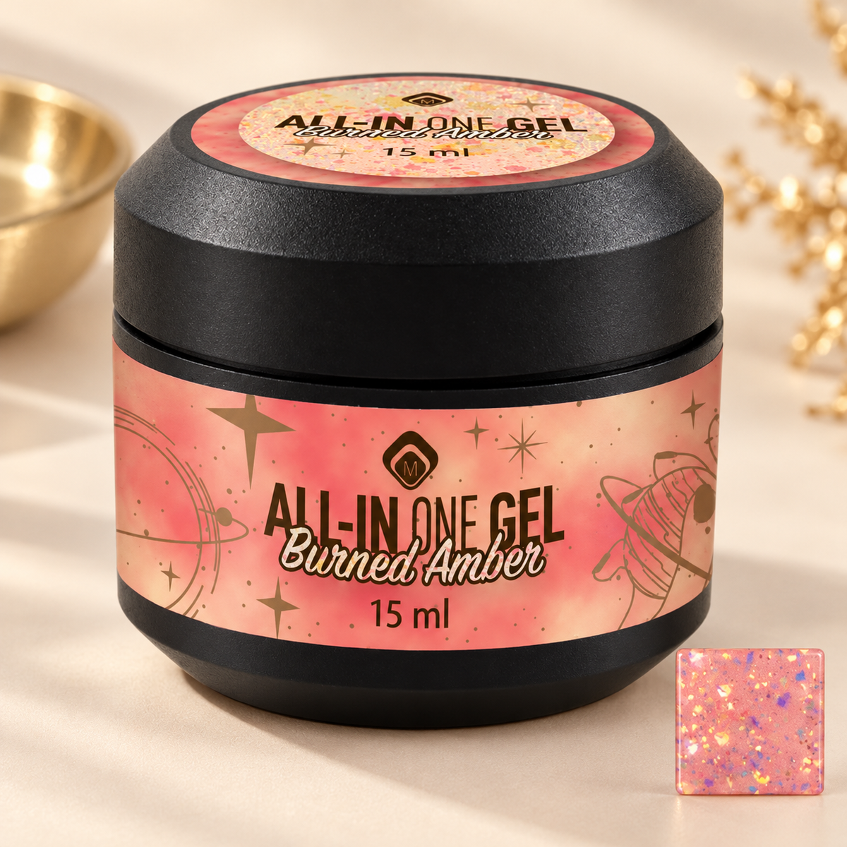 Productfoto met kleurstaal — All in One Gel Burned Amber