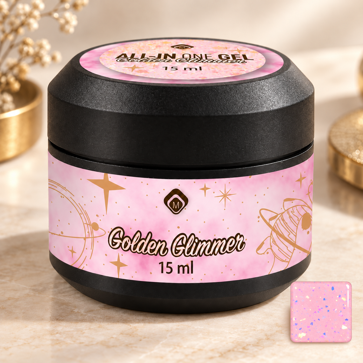 Productfoto met kleurstaal — All in One Gel Golden Glimmer
