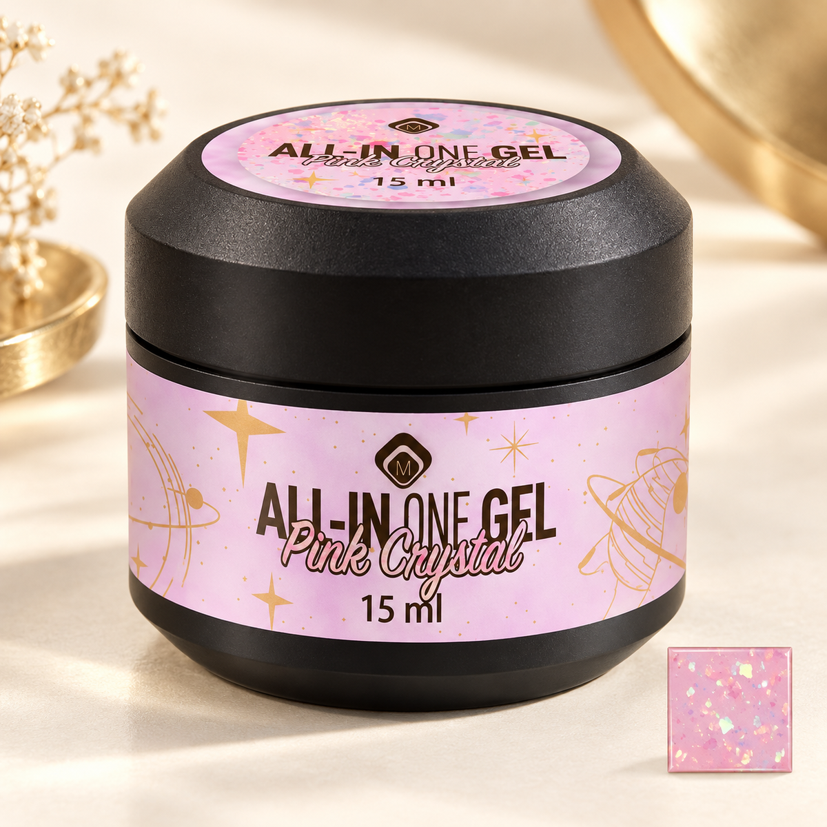 Productfoto met kleurstaal — All in One Gel Pink Crystal