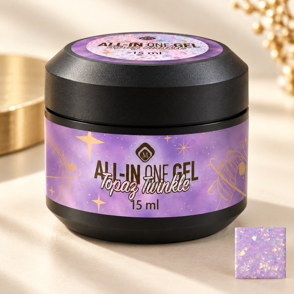 Productfoto met kleurstaal — All in One Gel Topaz Twinkle