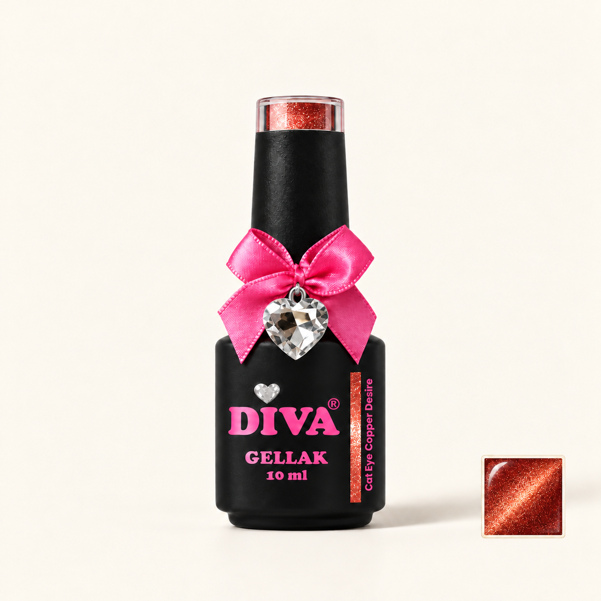 Productfoto met kleurstaaltje — DIVA Gellak Cat Eye Copper Desire 10 ml