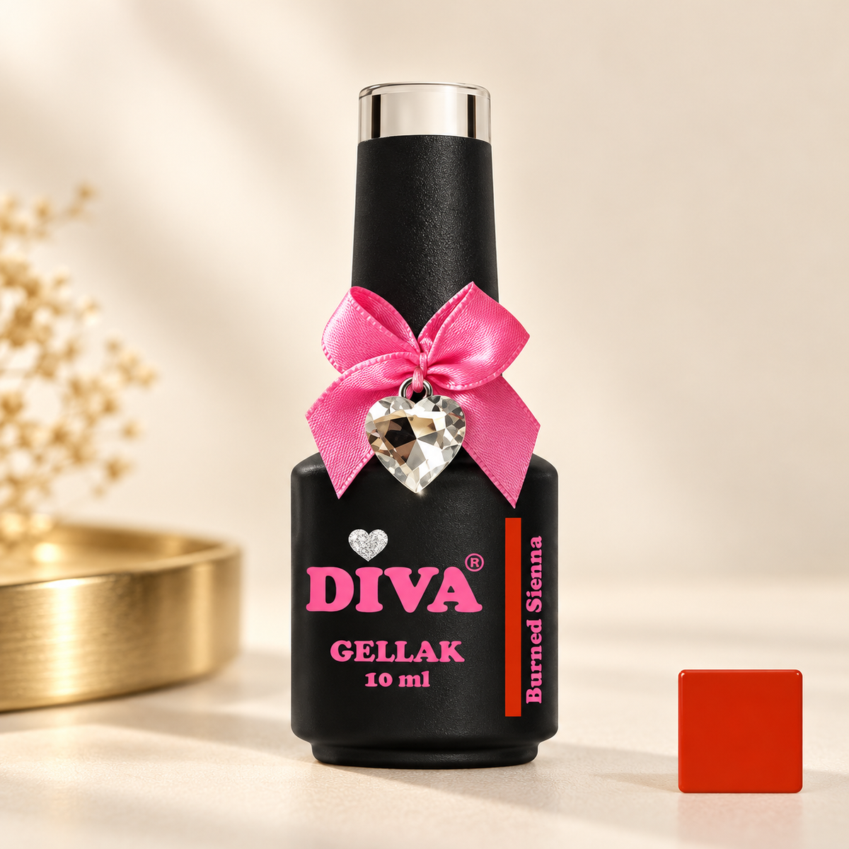 Productfoto met kleurstaal — DIVA Gellak Burned Sienna 10 ml