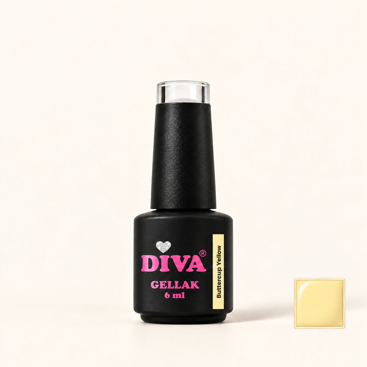 Productfoto met kleurstaaltje — DIVA Gellak Buttercup Yellow 6 ml