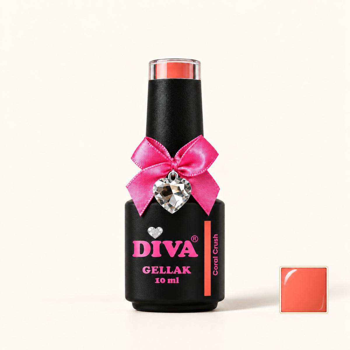 Productfoto met kleurstaaltje — DIVA Gellak Coral Crush 10 ml #