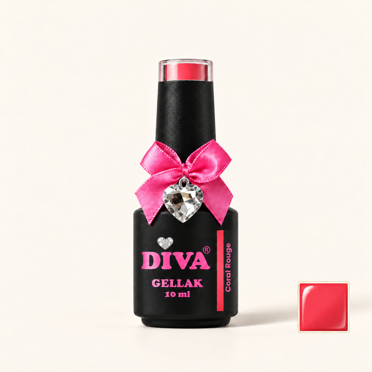 Productfoto met kleurstaaltje — DIVA Gellak Coral Rouge 10 ml #