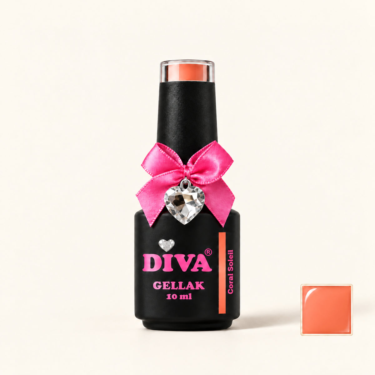 Productfoto met kleurstaaltje — DIVA Gellak Coral Soleil 10 ml #