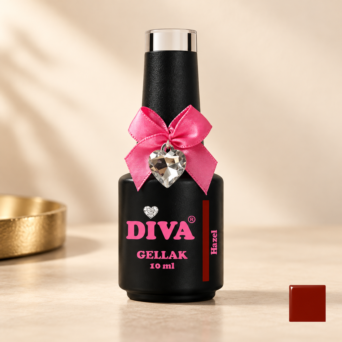 Productfoto met kleurstaal — DIVA Gellak Hazel 10 ml