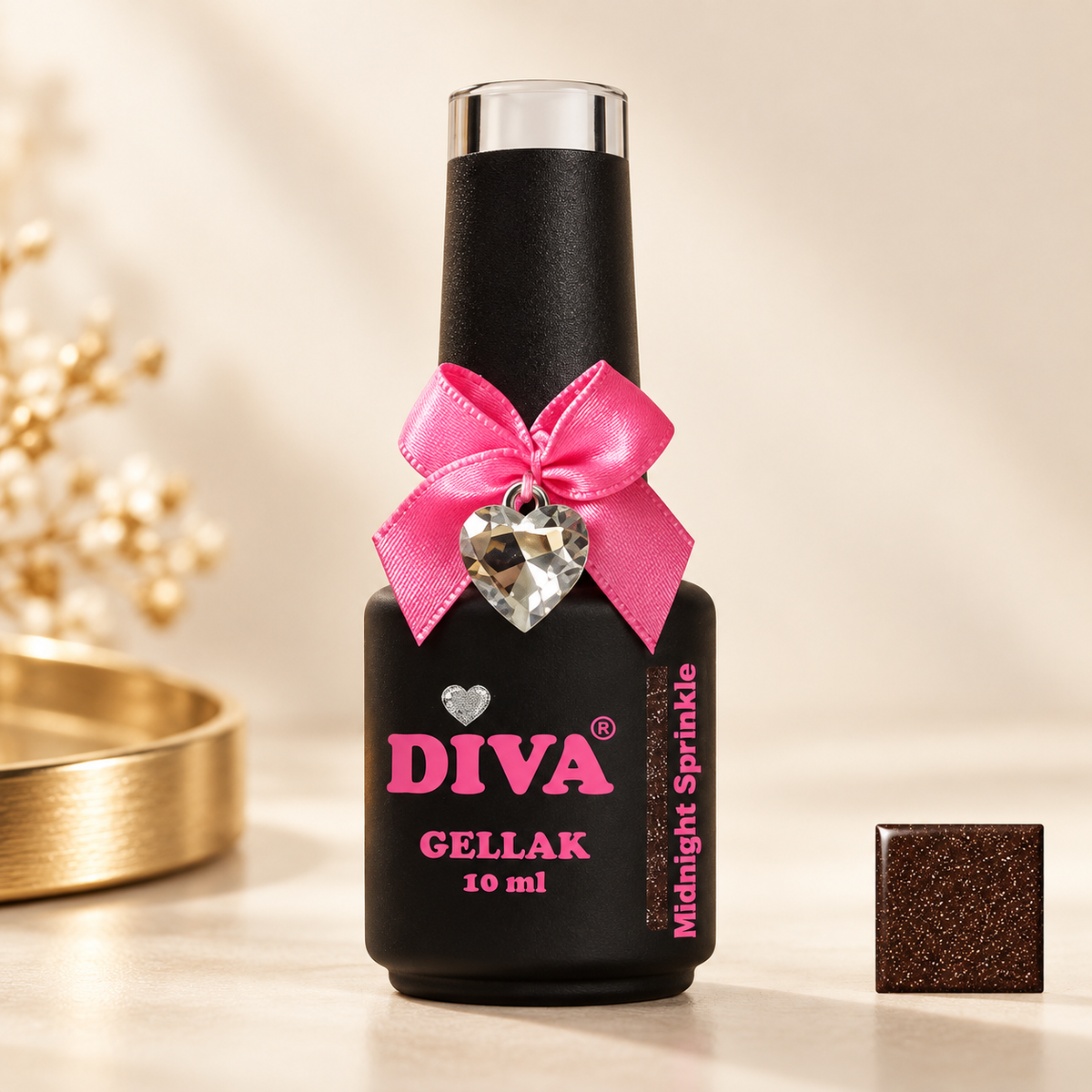 Productfoto met kleurstaal — DIVA Gellak Midnight Sprinkle 10 ml