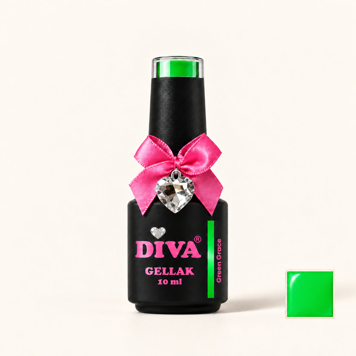 Productfoto met kleurstaaltje — DIVA Gellak Neon Green Grace 10 ml