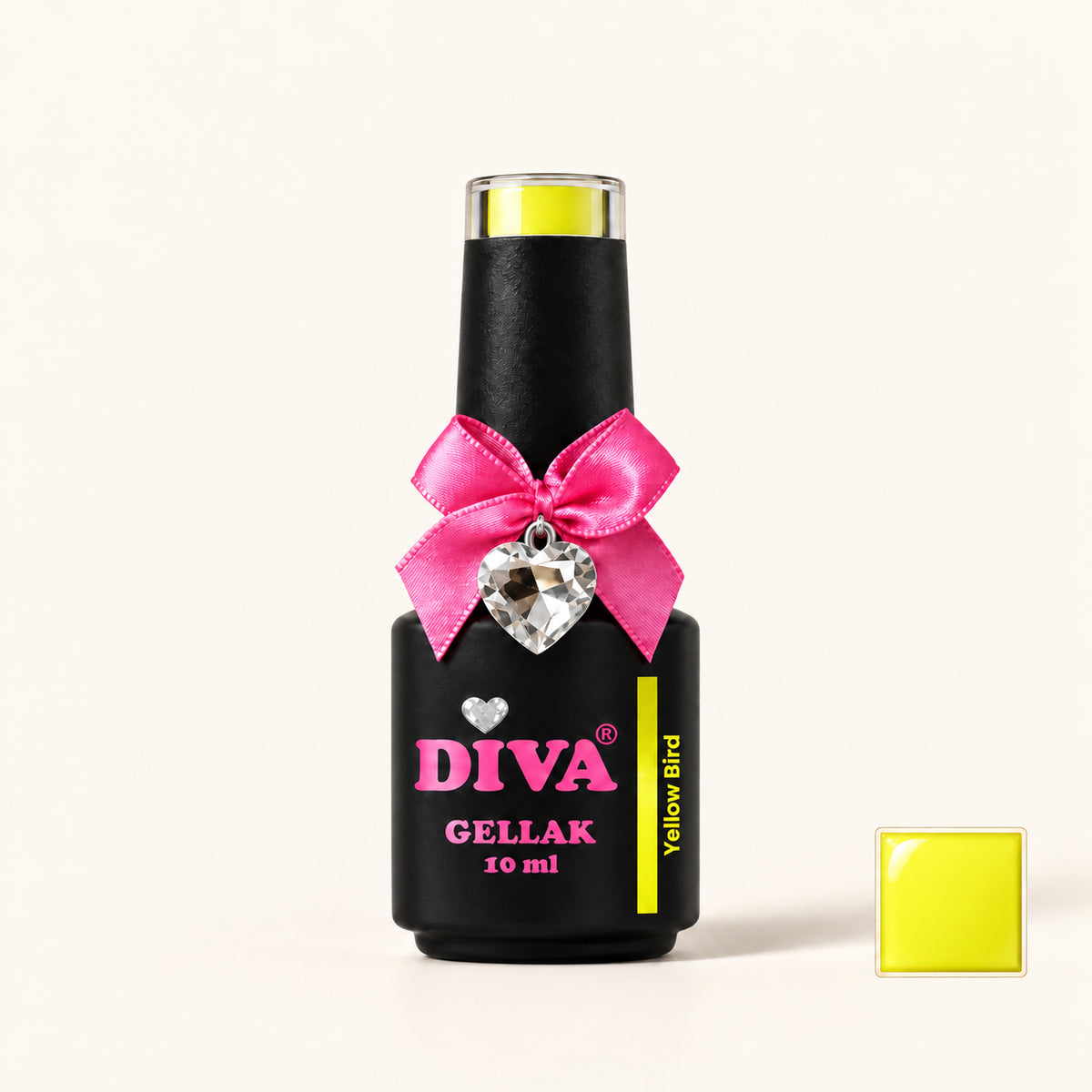 Productfoto met kleurstaaltje — DIVA Gellak Neon Yellow Bird 10 ml