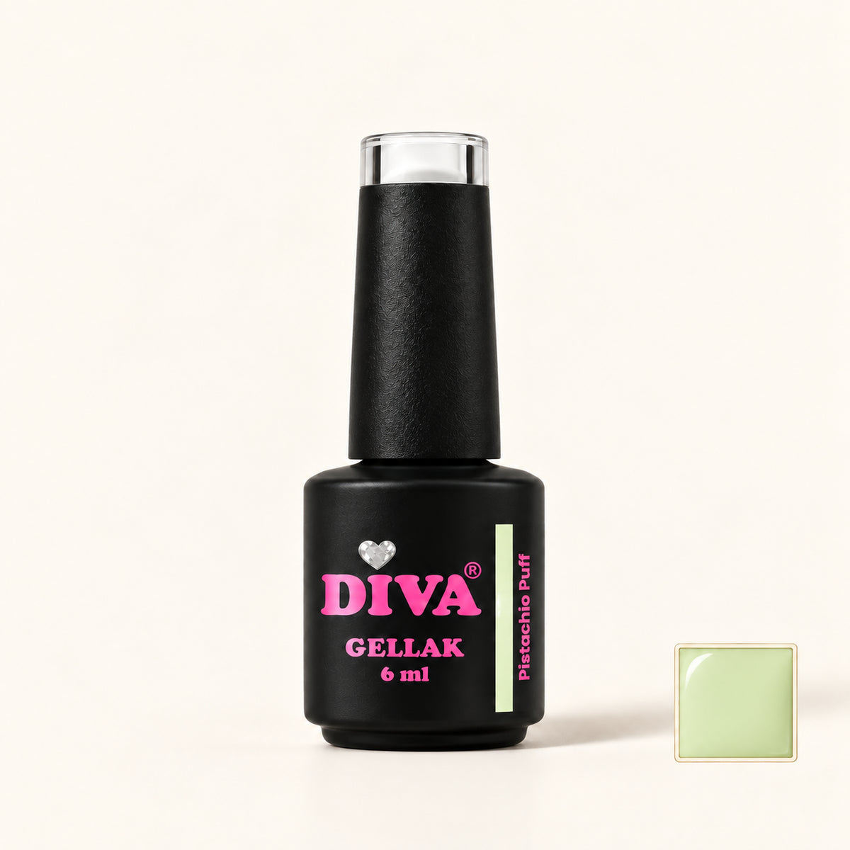 Productfoto met kleurstaaltje — DIVA Gellak Pistachio Puff 6 ml