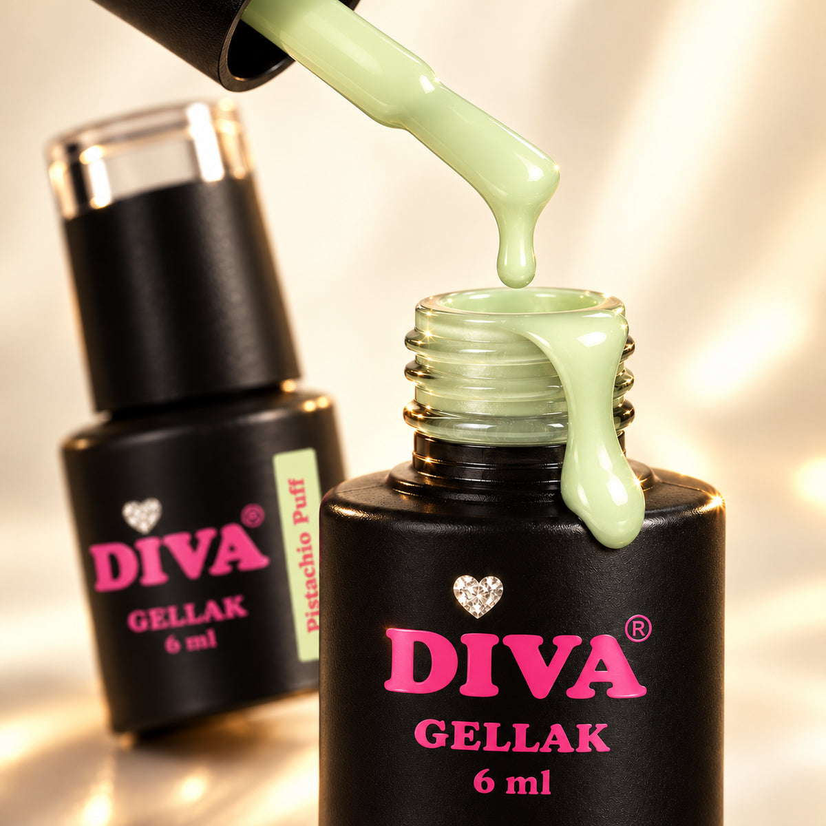 Druppel- en textuurdetail — DIVA Gellak Pistachio Puff 6 ml