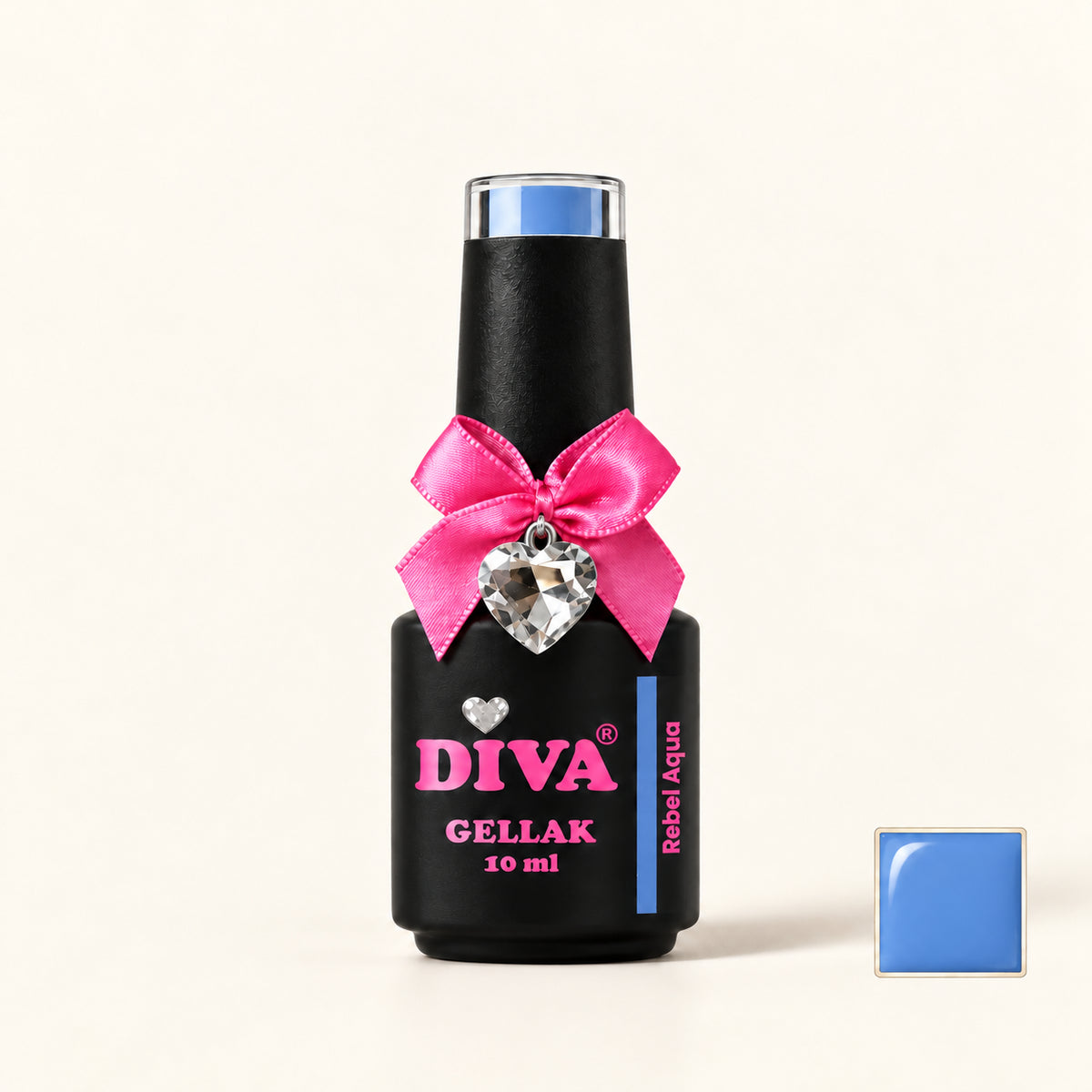 Productfoto met kleurstaaltje — DIVA Gellak Rebel Aqua 10 ml
