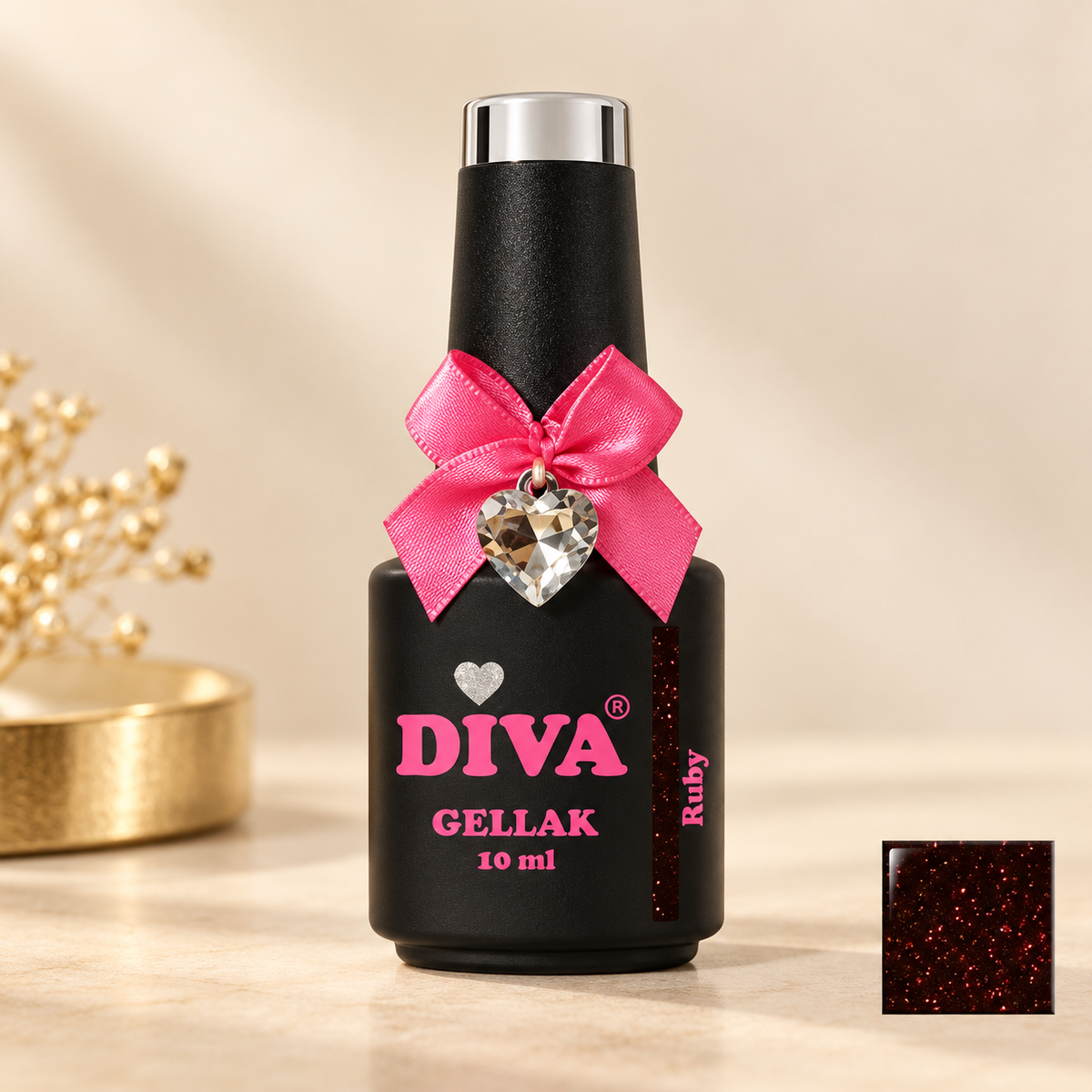 Productfoto met kleurstaal — DIVA Gellak Ruby 10 ml