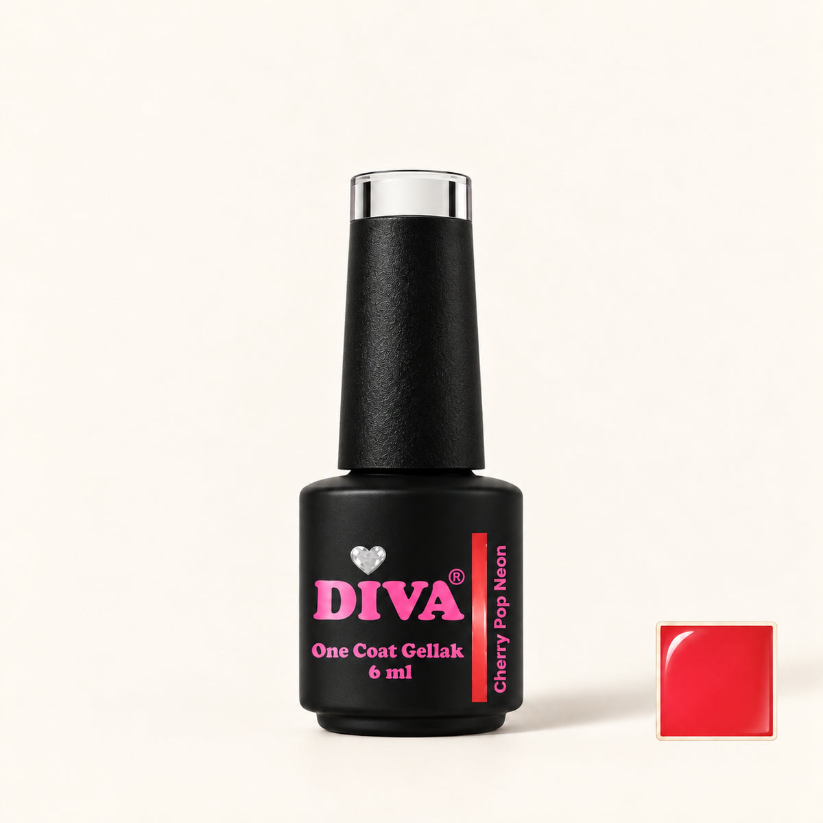 Productfoto met kleurstaaltje — DIVA One Coat Gellak Cherry Pop Neon 6 ml