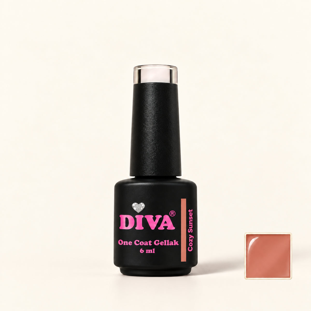 Productfoto met kleurstaaltje — DIVA One Coat Gellak Cozy Sunset 6 ml