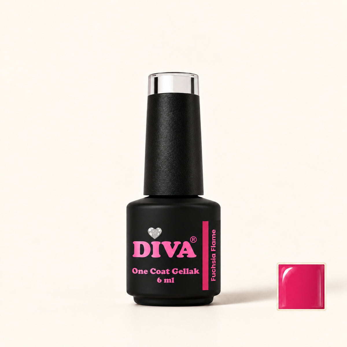 Productfoto met kleurstaaltje — DIVA One Coat Gellak Fuchsia Flame 6 ml