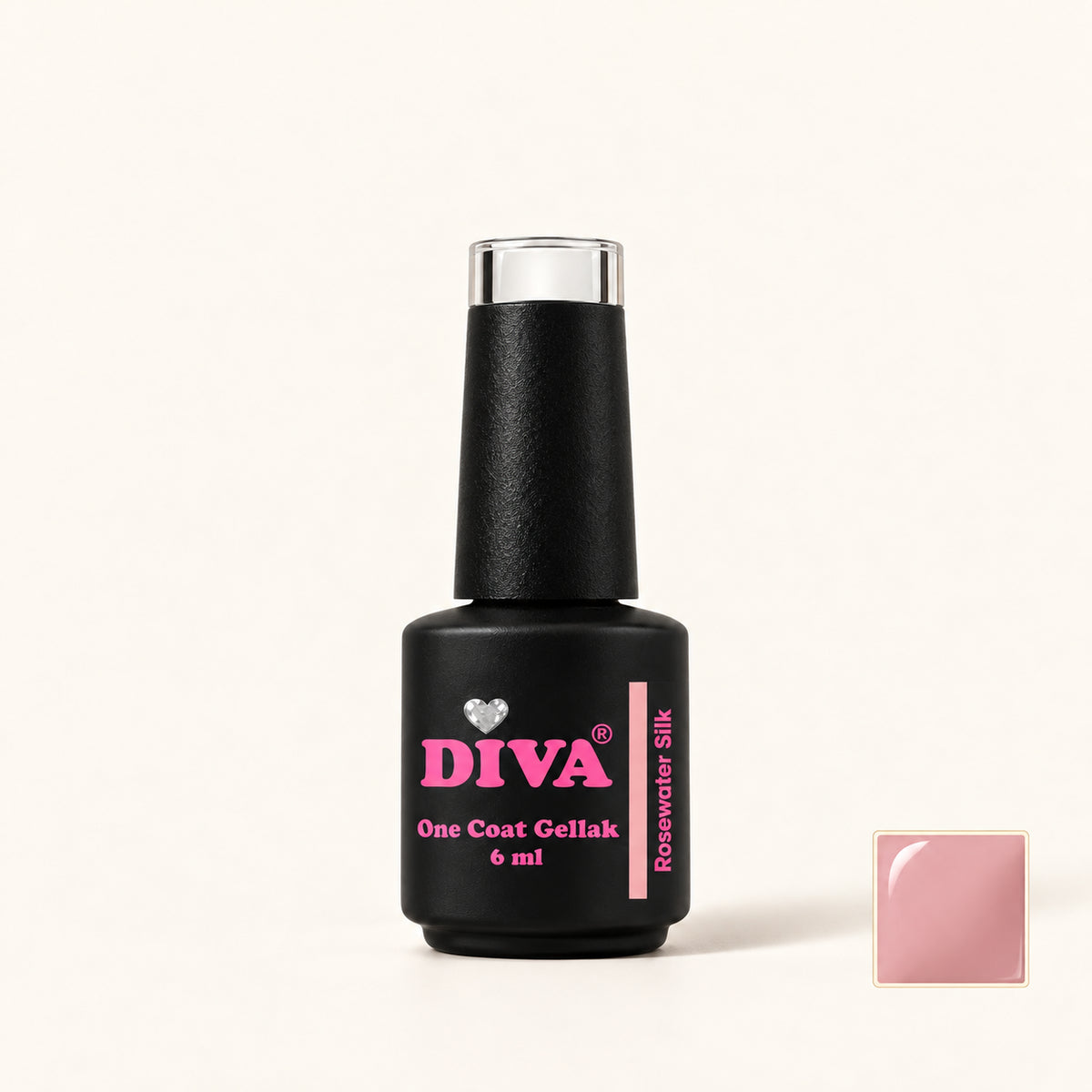 Productfoto met kleurstaaltje — DIVA One Coat Gellak Rosewater Silk 6 ml