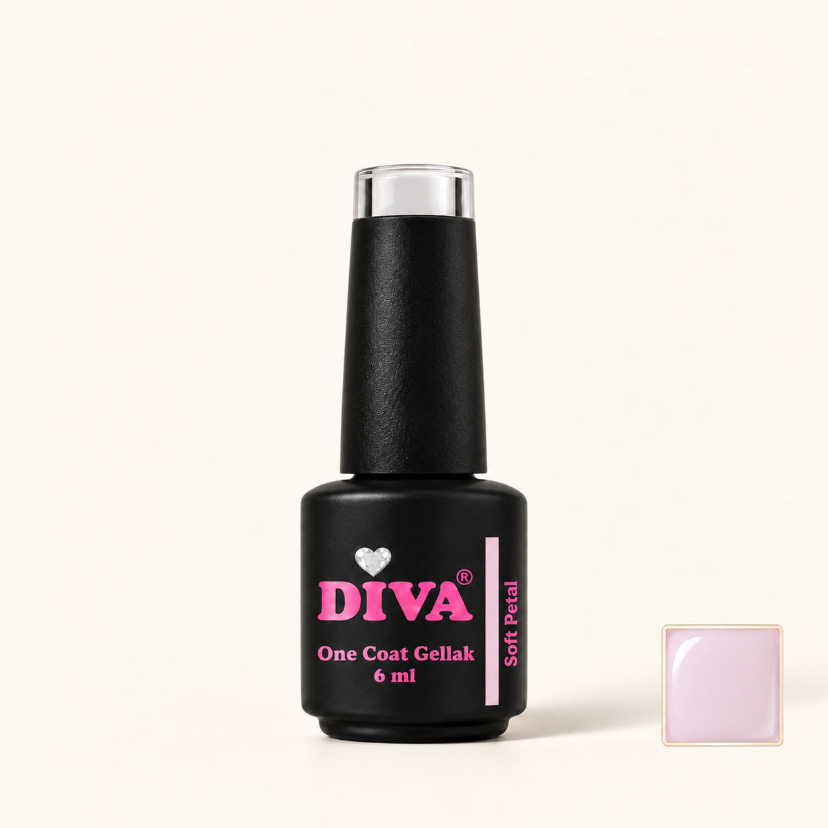 Productfoto met kleurstaaltje — DIVA One Coat Gellak Soft Petal 6 ml