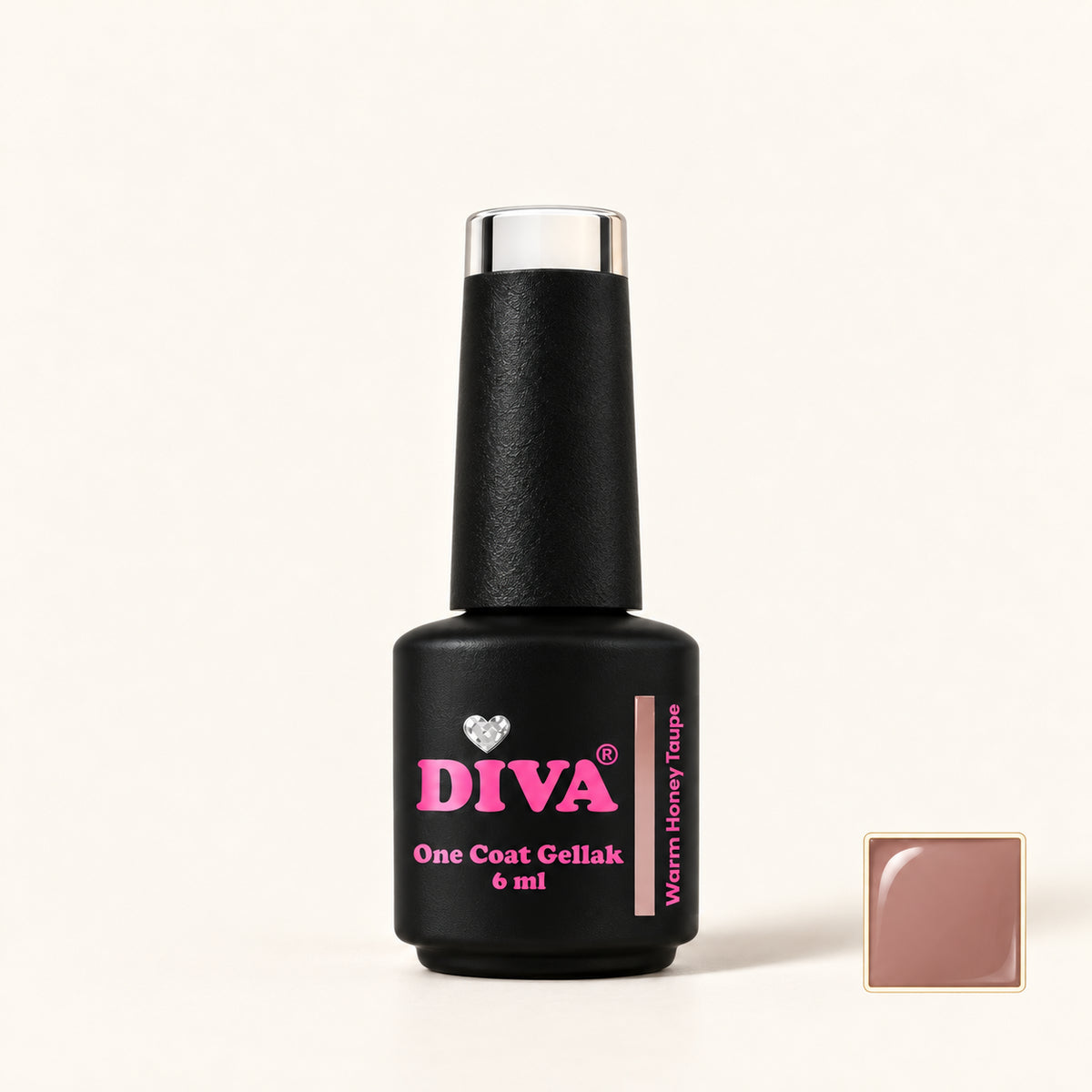 Productfoto met kleurstaaltje — DIVA One Coat Gellak Warm Honey Taupe 6 ml