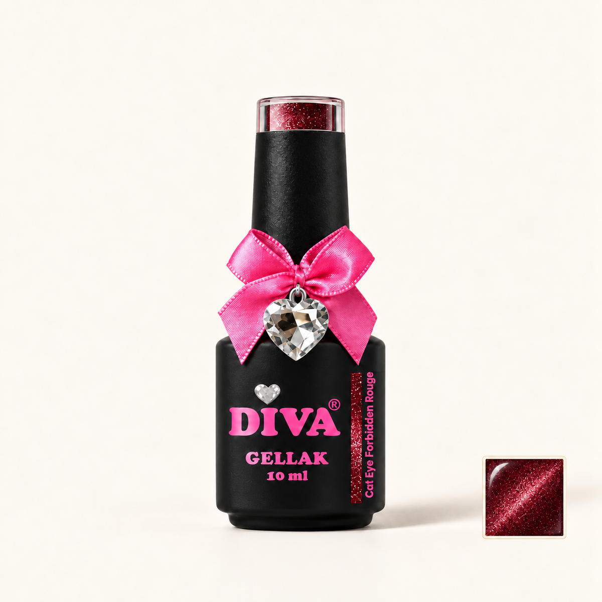 Productfoto met kleurstaaltje — DIVA Gellak Cat Eye Forbidden Rouge 10 ml